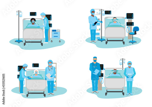 Nurses care for patients in the intensive care unit. Thank you nurses and doctors. Medical technology and life saving. Set of vector illustration.