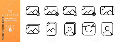 Photo set icon. Editable stroke. Printer, portrait, filters, correction, frames, cropping, effects, printer, art, brush, gallery etc. Photography concept. Vector line icon on white background