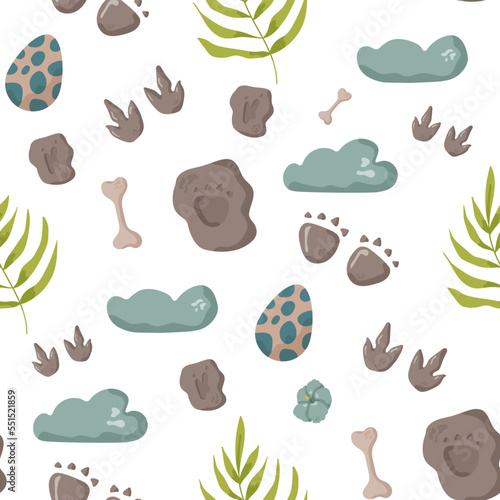Dinosaur seamless pattern footprint tracks. Minimal color background with paw, stones, rainbow. Dinosaur footprint seamless pattern perfect for textile, wrap and wallpaper and design.