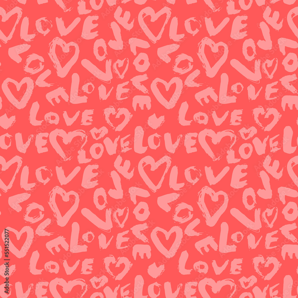 Dry Brush Grunge Pink Love Lettering and Hearts Seamless Romantic Pattern.