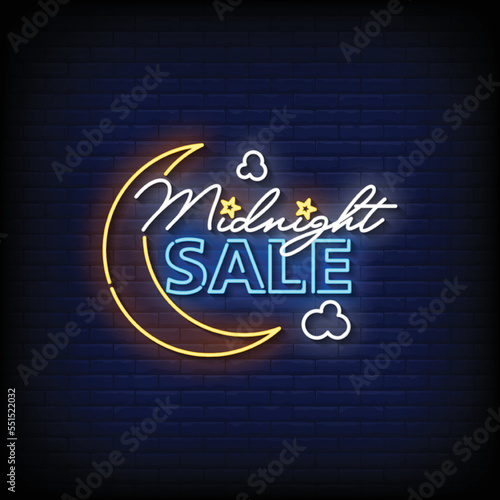 Neon Sign midnight sale with brick wall background vector
