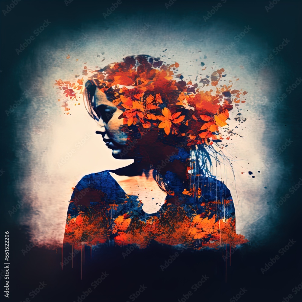 Surreal double exposure image of woman and flowers. Great for ads, book covers, posters and more. AI Generated Illustration.