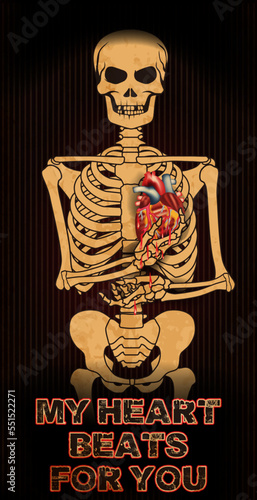 Skeleton holding a heart. Anti Valentines day card, My heart beats for you. vector illustration	