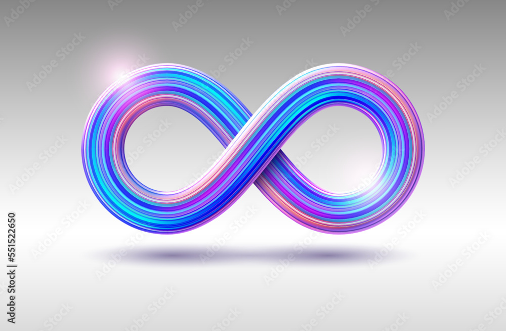 Isolated infinity symbol vector template. Illustration with 3D realistic eternity sign with colored stripes. Colorful wavy volumetric figure eight for logo, branding. - obrazy, fototapety, plakaty 