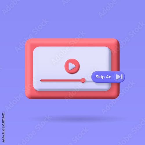 3d video player with skip ads button. live streaming app. Vector 3d illustration