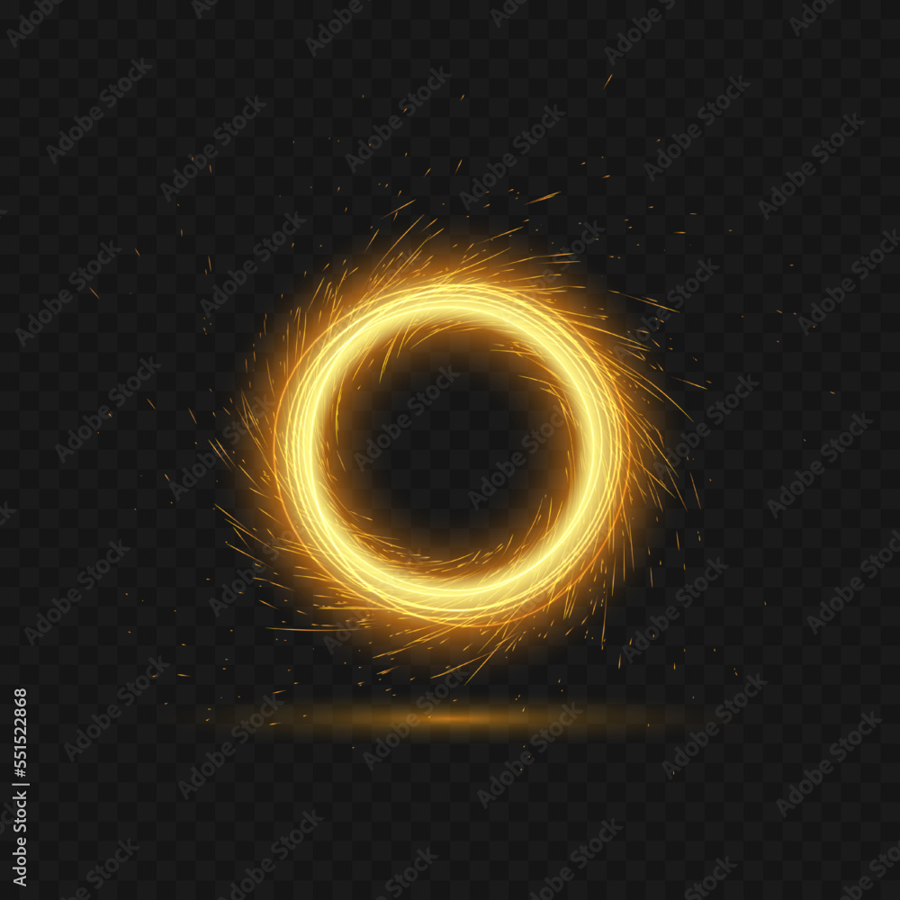 Vector illustration of bright fiery magical portal with reflection, glowing lights in shape of sparkling circle on dark transparent background. Round frame template. Glow trail effect, sparks, fire - obrazy, fototapety, plakaty 