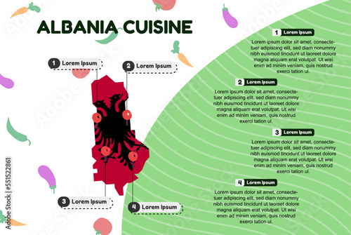 Albania cuisine infographic, popular or cultural food concept, traditional Albania kitchen, vector layout and template, famous food locations, banner idea with flag and map