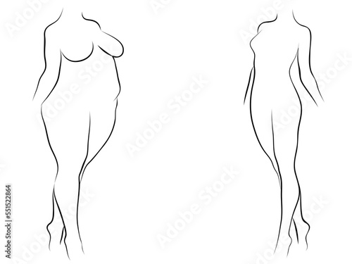 Vector conceptual fat overweight obese female vs slim fit healthy body after weight loss or diet with muscles thin young woman isolated. Fitness, nutrition or fatness obesity, health silhouette shape