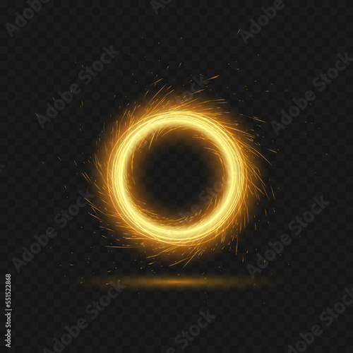 Vector illustration of bright fiery magical portal with reflection, glowing lights in shape of sparkling circle on dark transparent background. Round frame template. Glow trail effect, sparks, fire