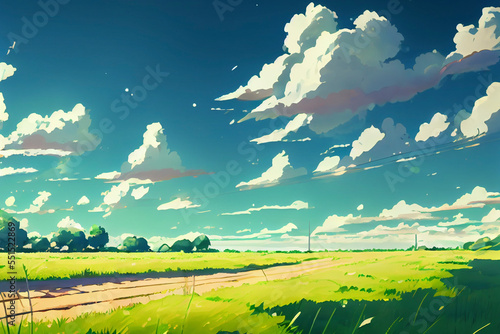 イメージ素材:アニメ風の空と草原の風景Generative AI	