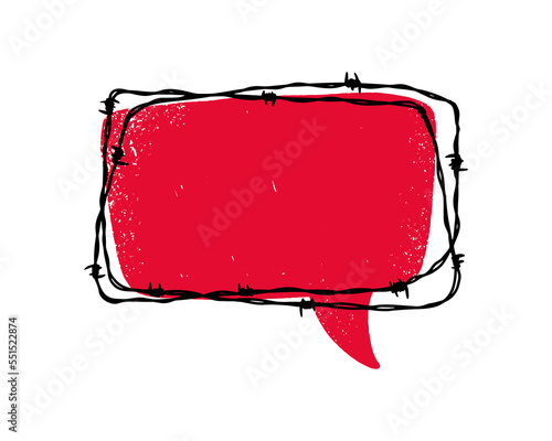 Textured speech bubble with barbed wire. Hand drawn vector illustration. Design element for military, security, prison, slavery concepts