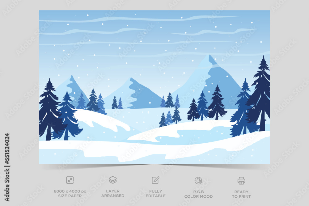 Holiday winter landscape. Winter ice mountain landscape. Abstract flat minimalist landscape design