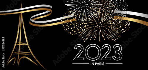 2023 - carte de vœux, argent et or sur fond noir, sur le thème des fêtes nocturnes à Paris pour fêter la nouvelle année avec des feux d’artifice et la tour Eiffel stylisée. 