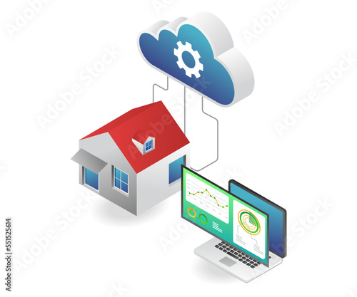 Flat isometric illustration home server cloud analysis data