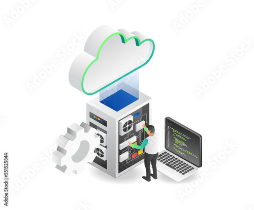 Flat isometric illustration concept of technician programmer cloud server