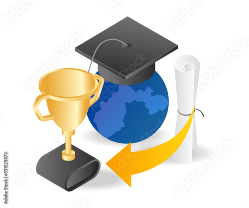 Isometric illustration flat concept World champion getting trophy
