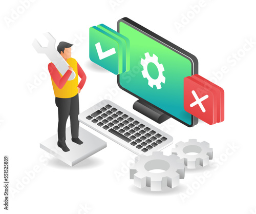 Isometric illustration flat concept of man servicing software update