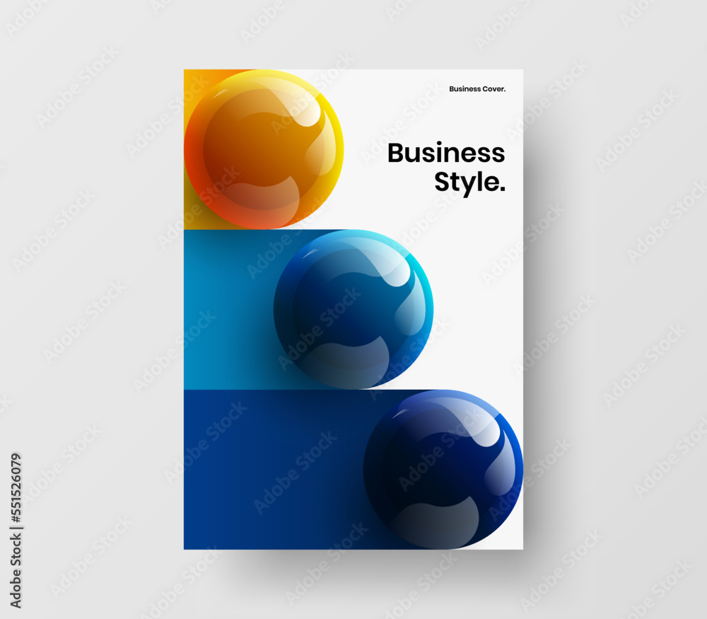 Minimalistic booklet A4 design vector concept. Bright 3D spheres magazine cover layout.