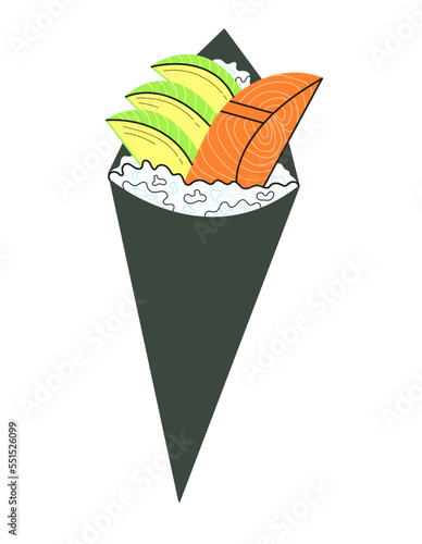 temaki roll japanese food with salmon and avocado on isolated background