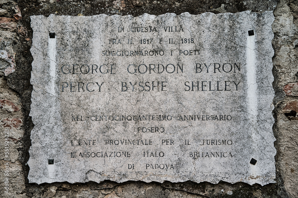 Plaque affixed outside the Villa Kunkler in Este - Padua where Lord George Gordon Byron and Percy Bysshe Shelley stayed
