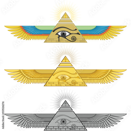 Winged pyramid design with eye of horus