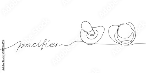 Pacifier, nipple one line art with an inscription. Continuous line drawing of baby, kid, newborn, child, baby accessories, first teeth, health, bite, sedation