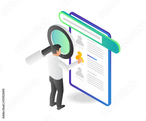 Flat isometric illustration of the concept of selecting the best candidate for business cooperation