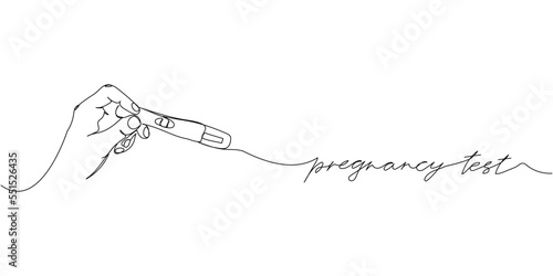Woman holding a pregnancy test in her left hand one line art with an inscription. Continuous line drawing of pregnancy, testing, analysis, ovulation, happy news, positive result, child.