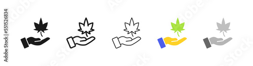 Cannabis in the hand set icon. Cannabis, relaxation, tobacco, cheese, alcohol, marijuana, injection, taster. Drugs for medical purposes concept. Vector five icon in different style on white background