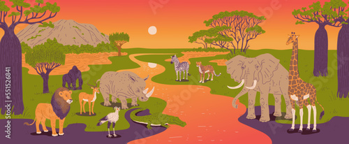 Sundown in African landscape or African savanna  flat vector illustration.