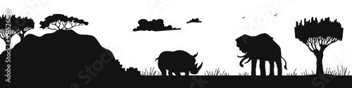 Panoramic black silhouette with African nature flat style, vector illustration