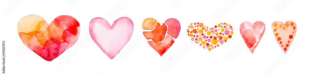 set of watercolor hearts in different sizes and colors