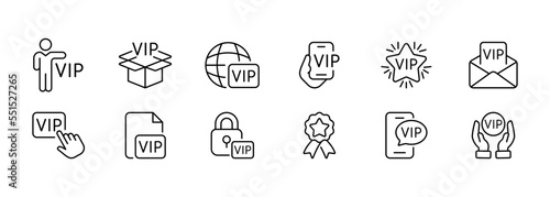 VIP status set icon. Place, badge, star, celebrity, box, phone, planet, website, shield, letter, privilege, business class, privileged, dear, reward, prize, gift. Society concept. Vector line icon photo