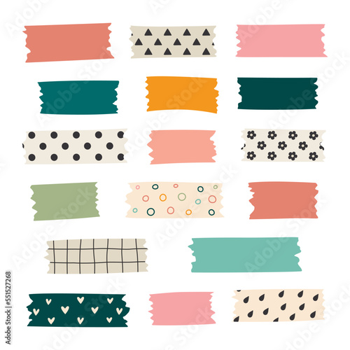 Set of colorful patterned washi tape strips. Vector illustration of a cute decorative scotch tape