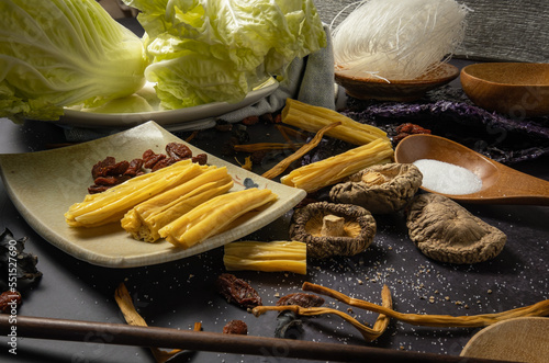 Chinese herbs for fresh soup placed on the table photo