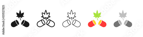 Pill with narcotic substance set icon. Cannabis, tobacco, cheese, injection, marijuana, relaxation, alcohol, taster. Drugs for medical purposes concept. Vector five icon in different style