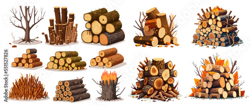 Wood trunks. Pile firewood, tree lumber, wood logs, logging twigs and wooden planks, stacked firewood material  isolated on a white background