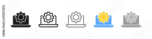 Computer monitor with a gear line icon. Settings, control panel, adjust, laptop, configuration, personal, service centre, install. Technology concept. Vector five icon in different style