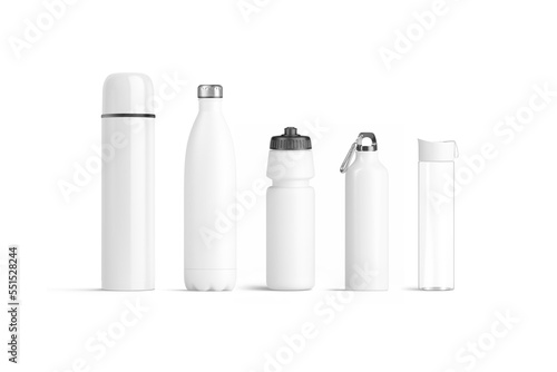 Blank white travel bottle mockup set, front view