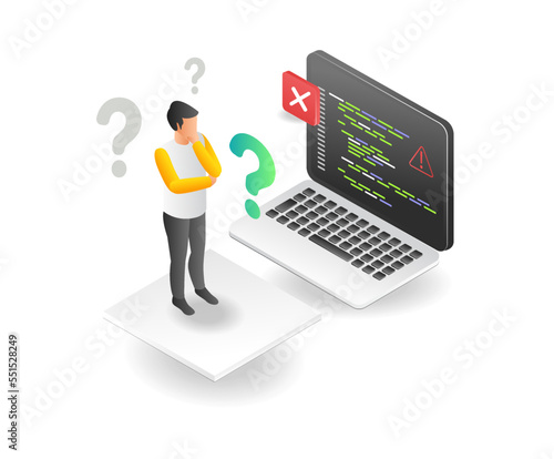 flat isometric concept illustration of programmer confused with his work problem