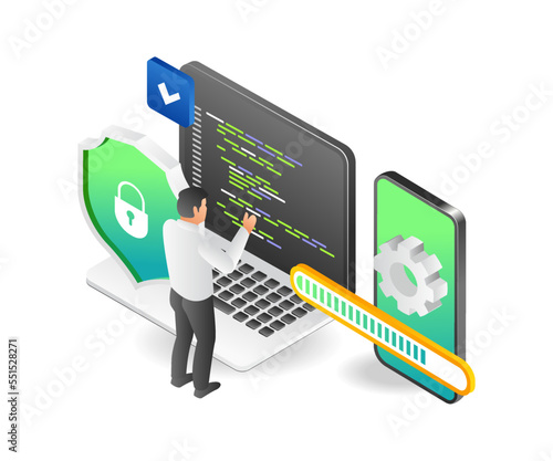 Flat isometric concept illustration of a programmer building a smartphone app