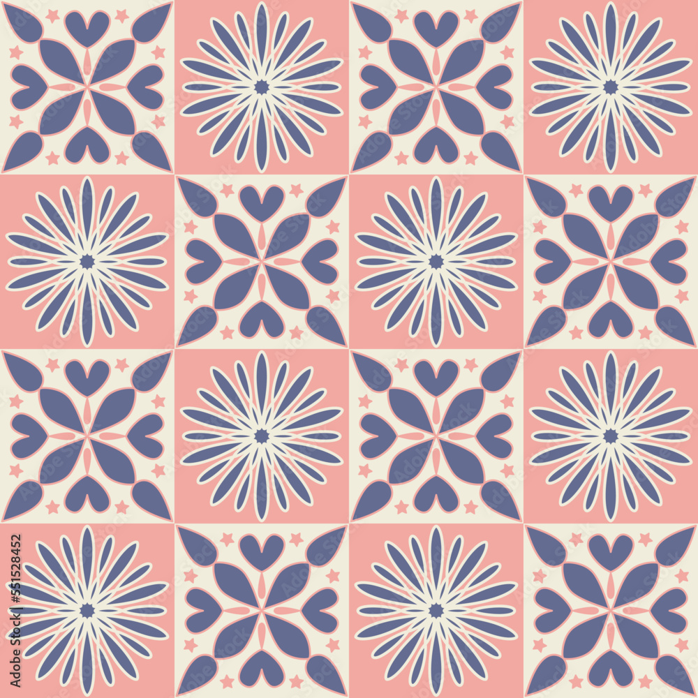 Square mosaic for decorating, ceramic tile design purple pink color, ornate arabic moroccan pattern