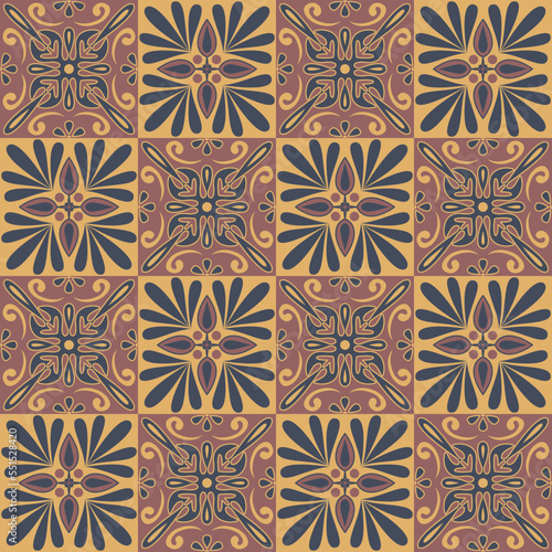 Ornate trendy design ceramic tiles brown beige dark color, arabic style decorative vector illustration