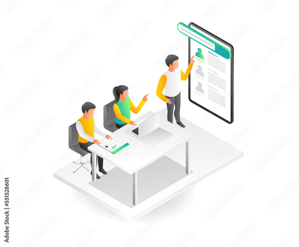 flat isometric illustration concept of team choosing the best candidate for important position in company flat isometric illustration concept of team choosing the best candidate for important position in company