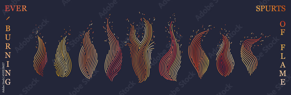 Creative collection of burning flame tongues. Bright shimmering flame. Vector line art design