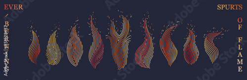 Creative collection of burning flame tongues. Bright shimmering flame. Vector line art design