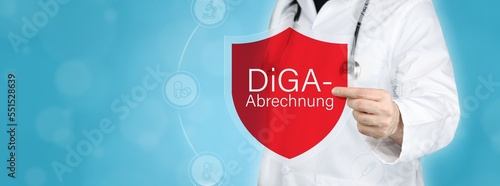 DiGA-Abrechnung (Digitale Gesundheitsanwendungen). Arzt hält rotes Schutzschild umgeben von Icons im Kreis. Medizinisches Wort im Symbol photo