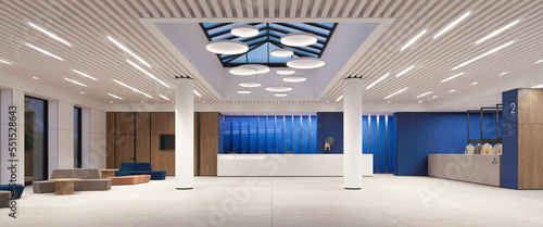 Obraz na plátně Reception waiting area lobby with wardrobe with blue wall decorate investment company design on white marble floor and information desk with soft blue seats 3d rendering