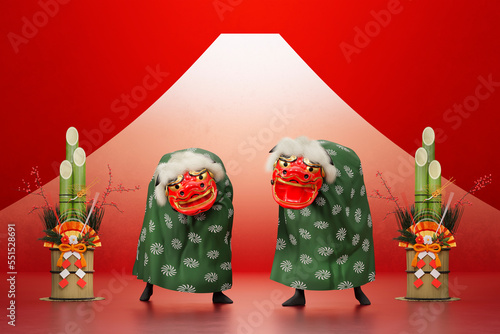 赤い背景に置かれた門松と獅子舞 / 初売り・新春セール用背景素材 /  3Dレンダリング photo