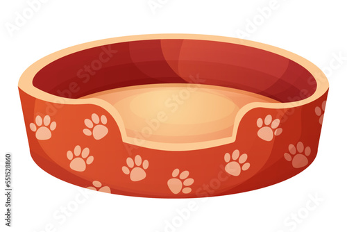 Cute dog or cat bed decorated with paw pattern in cartoon style isolated on white background. Pet accessory, comfortable crib, basket for rest.
